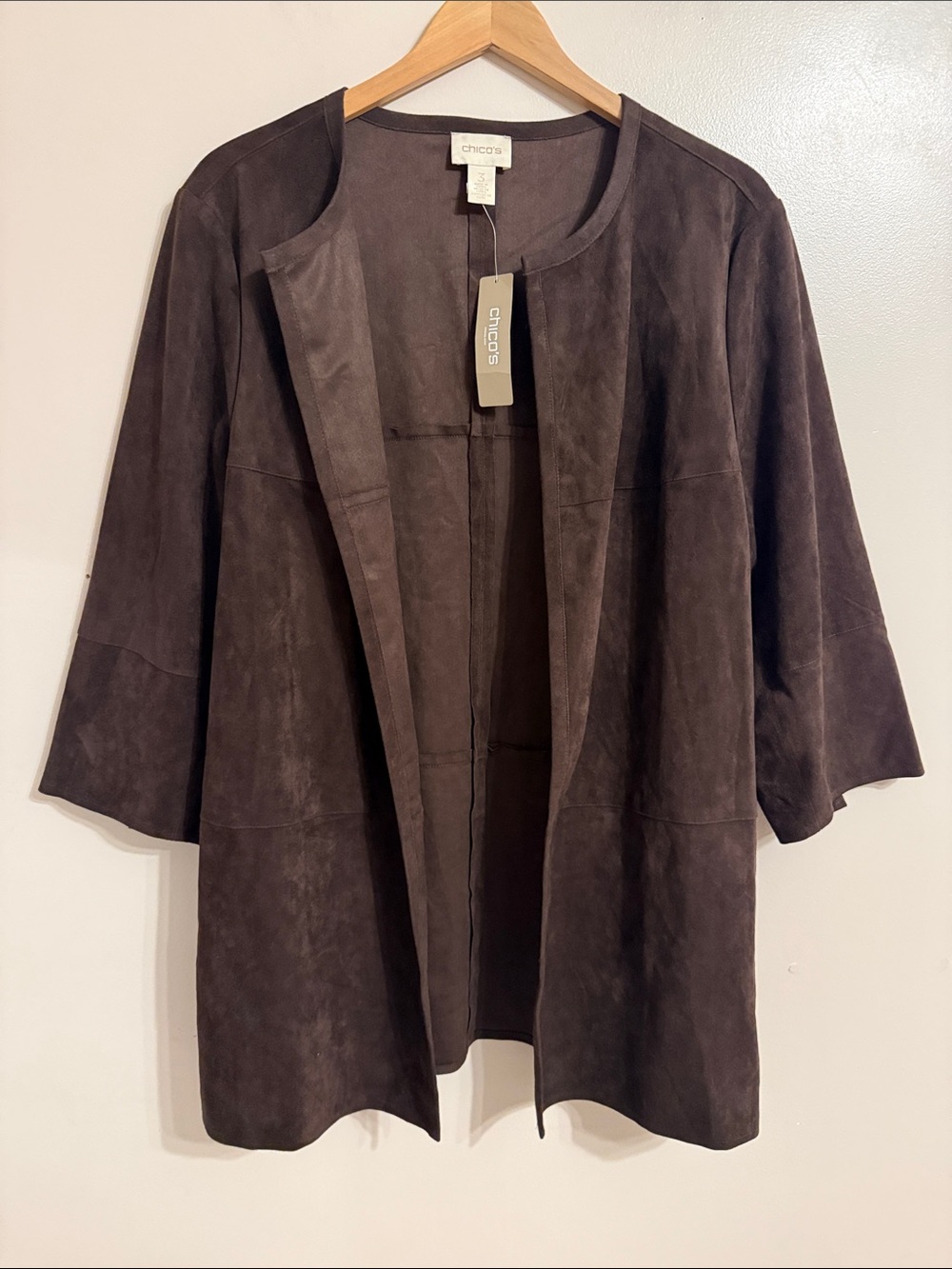 NWT Chico's Zip Detail Faux Suede Topper Jacket Open Front Minimalist Cocoa Bean